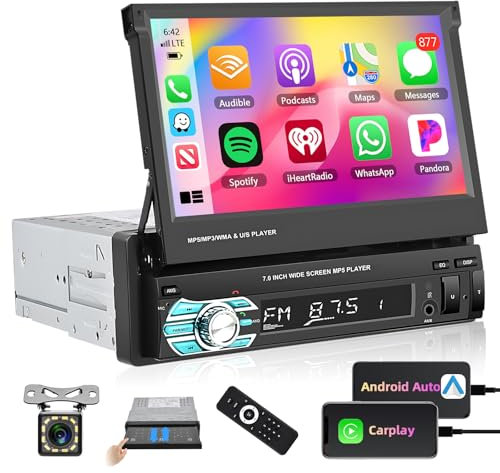 Motorsi Radio 1 DIN con Pantalla con Carplay, 7 Pulgadas Bluetooth Radio Coche Pantalla Extraible Android Auto, con Mirror Link, Siri/Google Control Volante, FM, USB, AUX, EQ + Cámara Trasera