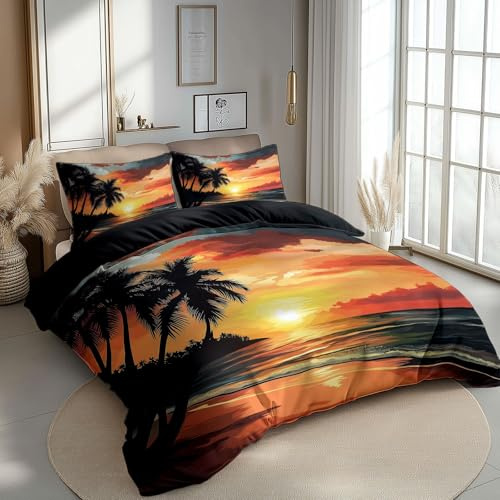 Bettbezug 135 x 200 cm Bettwäsche Set 3 Teilig mit 2 Kissenbezügen, Muster Sonnenuntergang Palmen Strand Wende Schwarz Bettwäsche für Erwachsene Kinder, aus Weiche Mikrofaser mit Reißverschluss