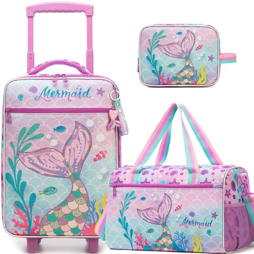Homskiii Kids Luggage Set with Wheels Girls Cute Mermaid Travel Softside Suitcases 16 Carry on Suitcase with Duffle Bag Girls Luggage Sets Airline Approved