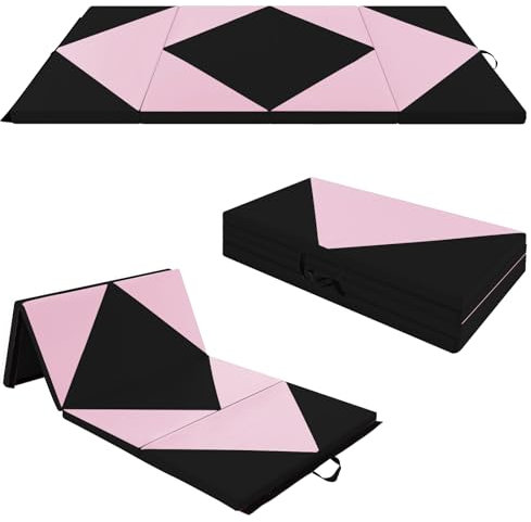 GYMAX Tapis de Gymnastique Pliable Épais 240x116x5cm, Combinaisonable avec Attaches Auto-Agrippante, Portable avec Poignée de Transport, pour Fitness, Exercice, Yoga, Étirement, Pilate (Noir+Rose)