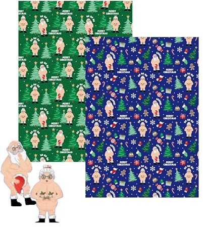 Set Of 2 Rude Novelty Christmas Wrapping Paper Rolls - Green & Blue Rude Nude Santa Festive Wrap - Novelty Funny Wrap - 50cm x 15m - Joke Xmas Wrapping Paper Roll