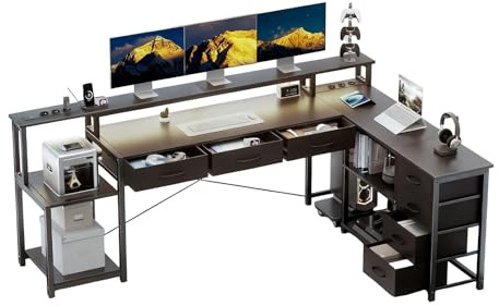 Aiorber Scrivania a forma di L con cassetti, tavolo da gioco con presa, supporto per LED e monitor, 200 x 146 cm, scrivania per computer per ufficio, studio, camera da letto (nero)