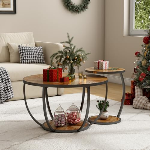 Wumagin Couchtisch Rund, Satztisch 2er Set, Industrial 2-Tier-Kreis Couchtisch mit Lagerung Regale, Moderne hölzerne Akzent Mitte Tisch Sofatisch Beistelltisch für Wohnzimmer (Braun)