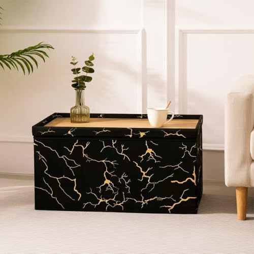 Luxury Foli Print Ottoman Storage Box with Wooden Tea Table Top Foldable Ottoman Storage Bench Seat for Living Room, Bedroom & Hallway Multipurpose Footstool & Marble Design 76×38 ×38cm (Black)