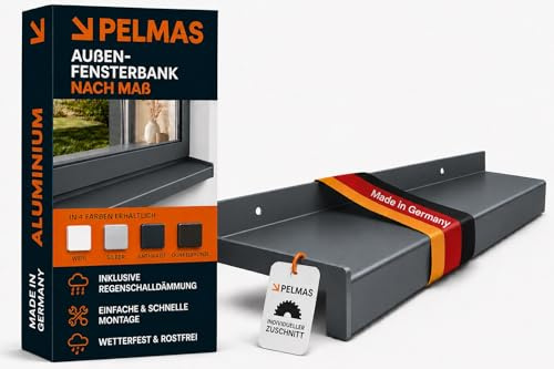 PELMAS Premium Alu Fensterbank Außen nach Maß, millimetergenauer Zuschnitt bis 2,5 m, inkl. Regenschalldämmung, Anthrazit RAL 7016, T x L | 13 x 200 cm