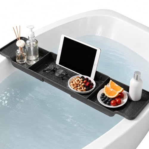 YORKING Adjustable Bath Tub Rack Bathroom Shelf Tidy Tray Storage | Caddy Organiser Useful Shelf Wine Soap Holder Rack (Black)