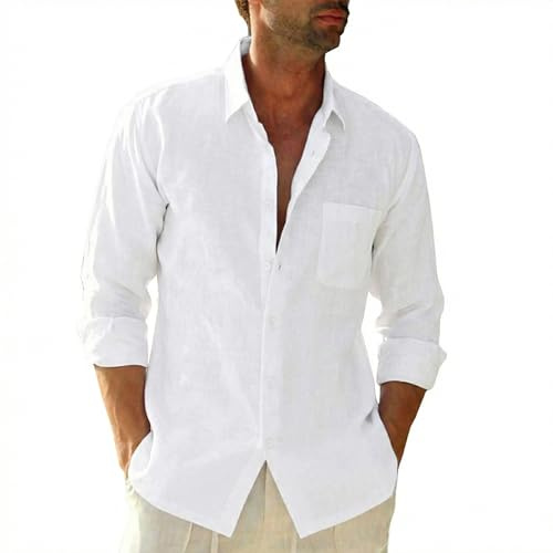 SEAYIJIA Camisa para Hombre de Manga Larga, en Algodón-Lino, con Bolsillo, Corte Estándar, Estilo Casual, Camisa de Playa de Verano