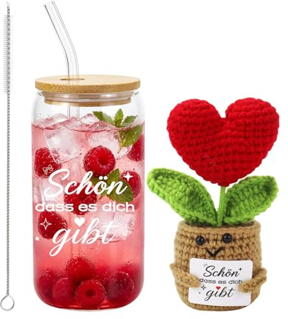 UAYNFY Beste Freundin Geschenke, 500ml Trinkglas, Freundschaftsgeschenk Mit Strickpuppe, Geschenke Für Frauen Schön, Dass Es Dich Gibt, Persönliches Abschlussgeschenk Für Beste Freundinnen