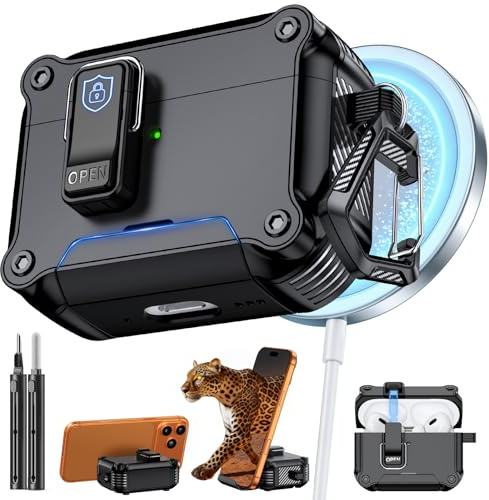 Inesore Dual-Lock Hülle Compatible with AirPods Pro 2nd/1st Gen (Black) | Phone Stand Design, with Carabiner and Cleaning Pen, Automatic Snap Switch Secure Cover for Travel
