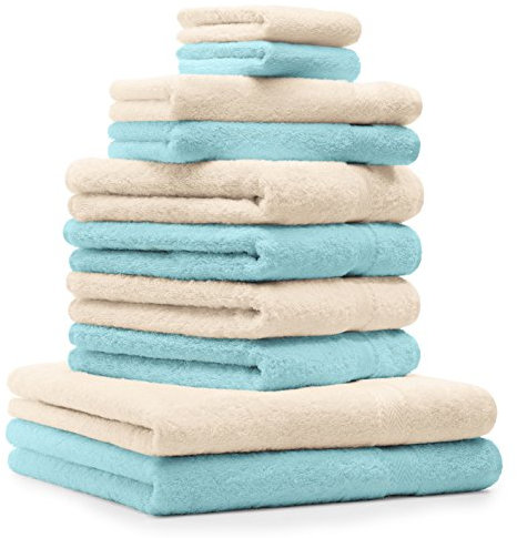 Betz 10-TLG. Handtuch-Set Premium 100% Baumwolle 2 Duschtücher 4 Handtücher 2 Gästetücher 2 Waschhandschuhe Farbe Beige & Türkis