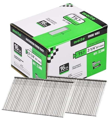 meite 16 Gauge Finish Nails, 2-1/4-Inch 16GA Straight Finish Nails Galvanized Finishing Nails for Electric or Pneumatic Nailer Guns (2,500 Counts)