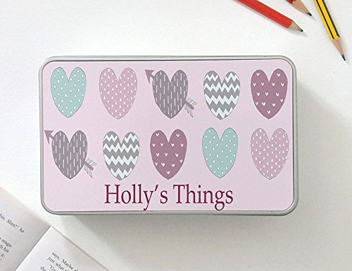 tigerlilyprints Personalised Storage Tin-Unicorn Gifts-Girls Hair Tin Box (pastel hearts)