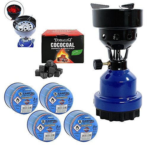 Mianova Campingkocher Camping Kocher Shisha Kohleanzünder Notfallkocher Grill Anzünder Gaskocher Gaskartuschen mit 4 Kartuschen Gasflaschen Kohle Blau