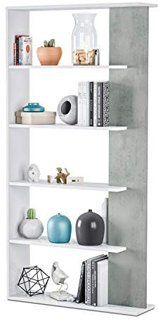 Habitdesign Estantería 5 baldas, Librería Comedor, Salon, Modelo Alida, Acabado en Color Blanco Artik y Gris Cemento, Medidas: 180 cm (Alto) x 90 cm (Ancho) x 25 cm (Fondo)
