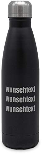 printplanet - Isolierte Trinkflasche mit Text oder Namen graviert - Edelstahl Thermo-Flasche mit Gravur, 500ml - Schwarz - Motiv: 3 Textzeilen