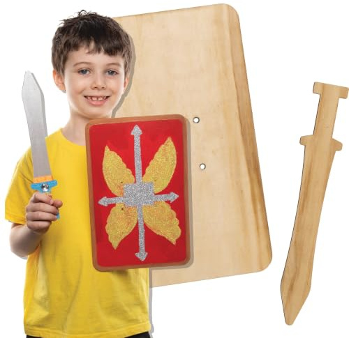 Baker Ross AT735 Roman Centurion Holzschwerter & Schild, für Kinder, Kunst- und Handwerksprojekte (Packung mit 2 Sets), sortiert, Mittel