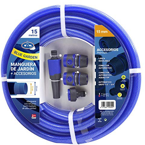 S&M 553042 - Manguera azul reforzada BLUE GARDEN con accesorios(lanza de riego y conectores) Rollo 15 m Ø15 mm (diámetro interior) x Ø20 mm (diámetro exterior) anti-dobleces