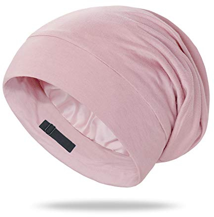 OLESILK Seide & Baumwolle Slouch Beanie Mütze Schlafhaube Seide Chemo Kopfbedeckung dünne leichte und weiche Laufmütze Strickmütze Unisex Jersey Sommermütze verstellbar für Damen & Herren, Rosa