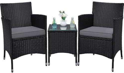 Yaheetech Salon de Jardin Exterieur Ensemble Mobilier de Jardin 2 Personnes Fauteuils et Table Basse Plateau Verre 2 Coussins Tressée pour Balcon Noir/Girs