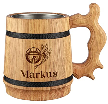 polar-effekt Bierkrug mit Namensgravur - aus Eichenholz - 500 ml Fassungsvolumen - Naturprodukt 19,5 cm - Geschenk für Männer - Geburtstag, Weihnachten - Motiv Fass mit Ähren