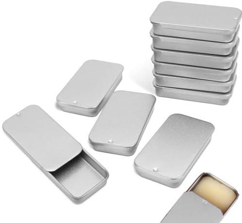 Agatige 10Pcs Empty Tin Container with Slide Top, 6 x 3.4 x 1.1 CM Portable Slide Top Rectangular Metal Tin Containers Mini Jewelry Crafts Pills Storage Box for Lip Balm Solid Perfume (Silver)