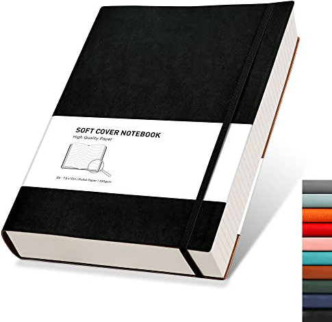 RETTACY College Ruled Notebook - 320 Numbered Pages Large B5 Lined Journal Notebook, 100gsm Thick Lined Paper, Faux Leather Softcover, for Women Men Work School,19 x 25 cm - Black