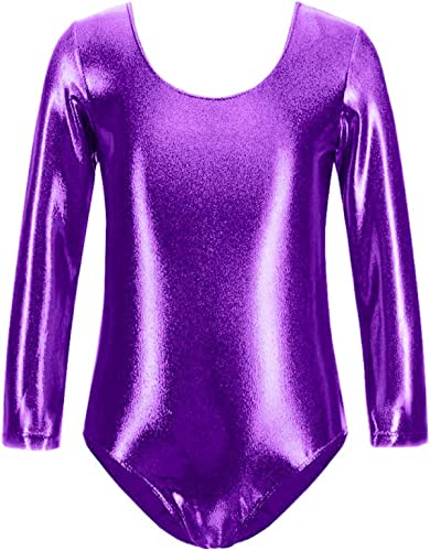 FUREINSTORE Maglia da danza danza balletto palestra body classico lucido elastico per ragazze a maniche lunghe girocollo per ballerina, Viola, 4 anni
