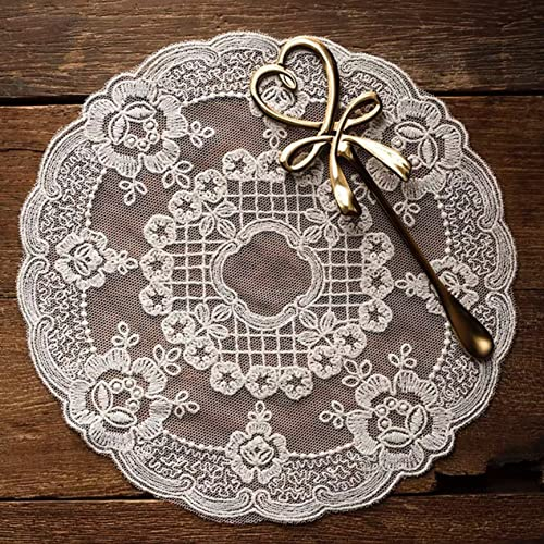 2 x Retro-Platzsets aus französischer Spitze, exquisite Blumenstickerei, runde Deckchen, Untersetzer, Vasenmatte für Heimdekoration (cremefarben, Durchmesser 27 cm)