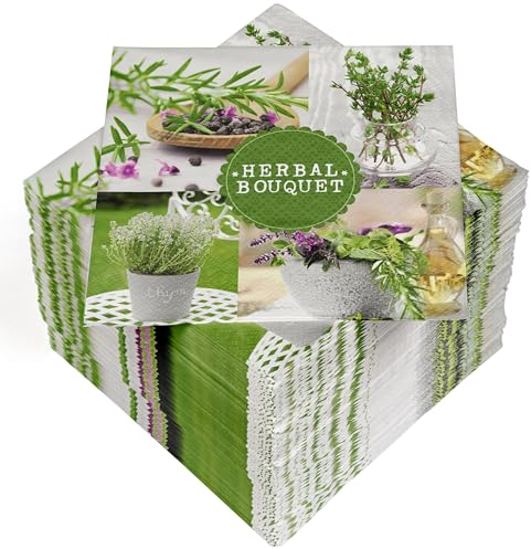 HEKU 100 Servietten, 3-lagig, 33x33cm, Kräuter I Saugstark und praktisch verpackt I Ideal für besondere Anlässe