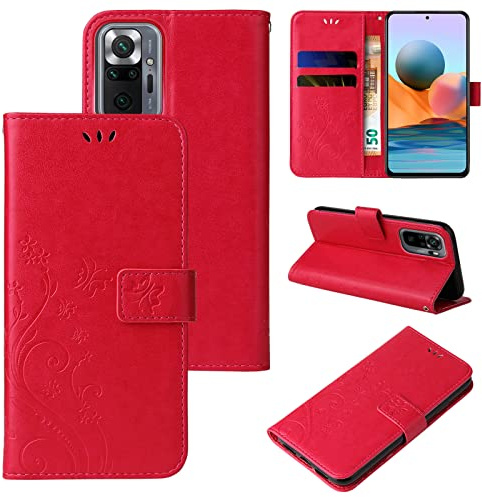 LBH Handy Hülle für Xiaomi Redmi Note 10 Pro Case Handytasche Schmetterling Blumen Flower Standfunktion Schutzhülle Magnet Rundum Schutz 360 Grad Flipcase Cover Rot