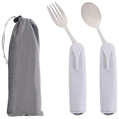 Pekokavo Adaptives Utensilien-Set, winkelverstellbar, Arthritis-Hilfe, Besteck für Parkinson, Handzittern, mit rutschfestem Griff (2 Stück (Löffel + Gabel)