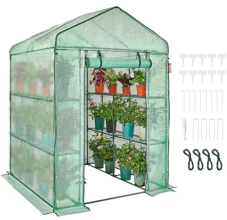 VEVOR Serra Portatile con Ripiani Telone in PE Porta Arrotolabile 141 x 141 x 200 cm Carico Massimo 15 kg da Giardino Cortile Terrazza Struttura Pieghevole, Serra con Ripiani per Piante Fiori Verdure