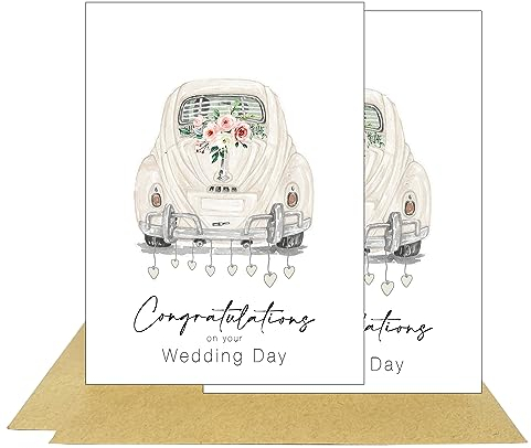 Große Premium Hochzeitskarte mit Aquarell Just Married Car auf der Vorderseite aus recyceltem Karton - Doppelset (zwei Karten)