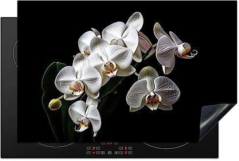 KitchenYeah© Herdabdeckplatte Einteilig Herdabdeckung Abdeckplatte für Ceranfeld Abdeckung Induktionskochfeld Aufrollbare Matte Orchidee - Blumen - Weiß - Natur - Schwarz und Weiß - 80x52 cm