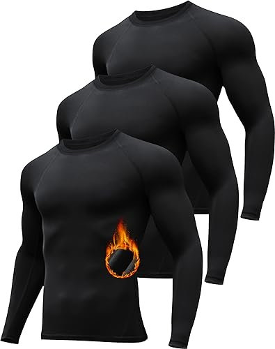 HOPLYNN 3er Kompressionsshirt Herren Langarm Thermo Unterwäsche Innenfleece Funktionsshirt Schwarz XL