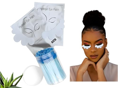 Kit de Patchs Hydrogel Non Pelucheux pour Extension de Cils (100 paires) + (100 brosses à Cils/Sourcils) avec Gel à l'Aloe Vera - Adaptés aux Yeux Sensibles - Accessoires pour Techniciennes de Cils