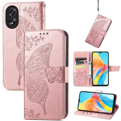 JIUNINE Cover per OPPO A38 4G / OPPO A18 4G, Custodia Interno TPU Antiurto Portafoglio con Disegni di Farfalla [Carta Fessura] [Supporto Stand] Cover Libro in PU Pelle per OPPO A38 4G, Oro rosa