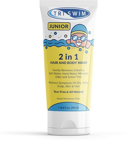 TRISWIM - Junior After Swim Shampoo und Duschgel für Kinder, Natürliche und Reißfreie Haarshampoo, Entfernt Sanft Chlor, Verhindert Juckreiz, Körperwäsche Beseitigt Grüntönung - Süße