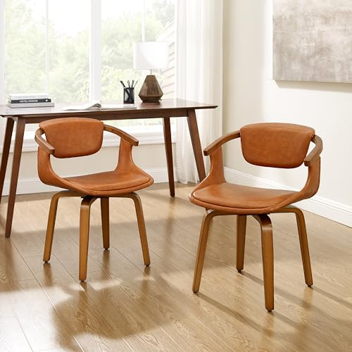 Zouron Drehstuhl Holzbeine 2er Set - Braun Sessel Pappelnholz Polsterstuhl Kunstleder Armlehnstuhl Küchenstuhl Massivholzbeine bis 130kg Belastbar Dinning Chair Braun