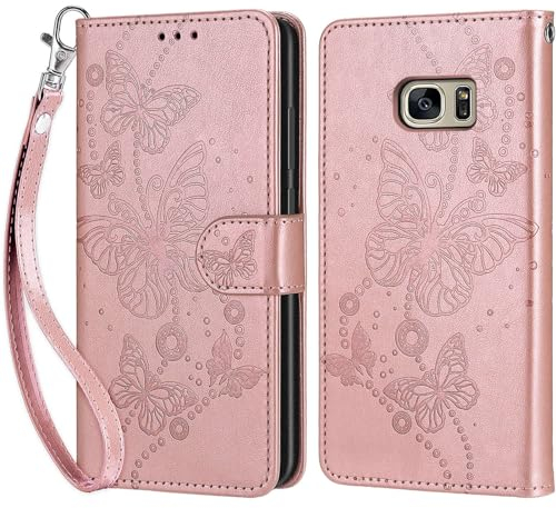 Handyhülle für Samsung Galaxy S7 Hülle, Samsung S7 Hülle, Premium Leder Flip Klappbare Stoßfeste Magnetische [Standfunktion] [Kartenfächern] Schutzhülle Tasche - Roségold Schmetterling