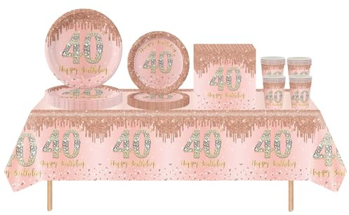 69pcs Rose Gold 40th Birthday Decorations - Tablecloth, Paper Plates, Napkins and Cups Sets for Table Decorations and Gifts for Women, Men, Him, Her