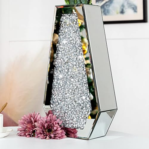 BML Shiny Sparkly Diamond Crushed Glass Silver Mirrored Floor Vase 40cm Cuffin Shape Shelf Sitter with Crystal Glitter Luxury Flower Pot for Wedding Home Decor Garden Office