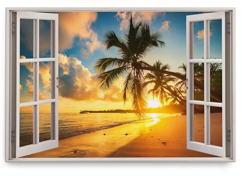 Paul Sinus Wandbild 120x80cm Fensterbild Sonnenuntergang Palmen Strand Traumstrand Sommer