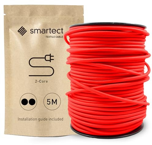 smartect Cable Electrique Textile Rouge, Fil Electrique Tissu de 5 Mètres, 2 Conducteurs (2 x 0,75mm²) Cable Tissu Lampe pour Les Projets de Bricolage