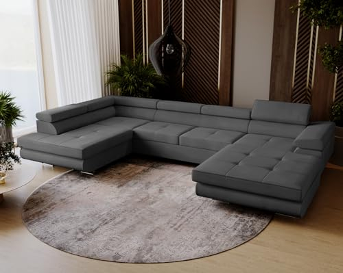 Emporius Ecksofa Sorlo U - Couch mit Schlaffunktion, verstellbare Kopfstützen, Bettkasten - Couch 345 cm U-Form - Ottomane Links freistehend - Samtstoff Velvet (Dunkelgrau - Amor Velvet 4318)