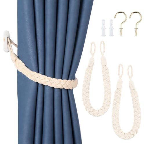 Litinliv 2 Piezas Alzapaños de Cuerda de Cortina con Gancho de Metal,Cortinas de algodón Natural Tejidas a Mano,Alzapaños Decorativos para Cortina,para Cortinas del hogar y decoración (Beige)