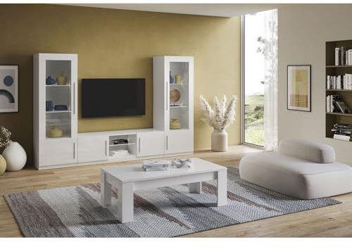 AltoBuy Clark - Ensemble Salon Complet Laqué Blanc Meuble TV et Vitrines avec LEDs + Table Basse