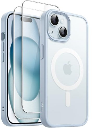 JETech 3 in 1 Magnetische Hülle für iPhone 15 6,1 Zoll mit 2 Stück Gehärtetes Glas Schutzfolie, Kompatibel mit MagSafe, Transluzente Matt Rückseite Stoßfeste Handyhülle (Blau)