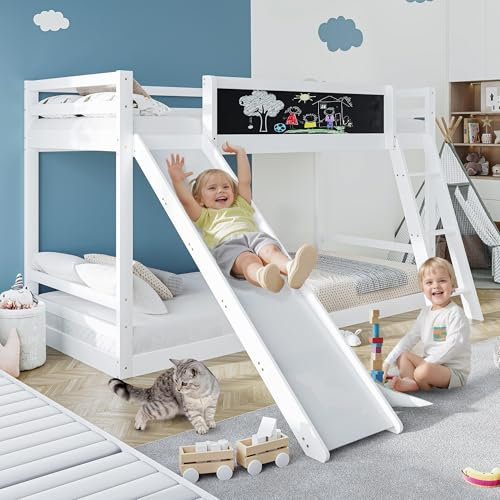 Azkoeesy Lit superposé pour 2 enfants avec toboggan et escaliers, lit d'enfant 90 x 200 cm, avec sommier à lattes et protection anti-chute, avec tableau d'écriture, blanc