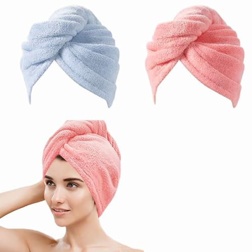 2 pcs Séchage Serviettes, Super Absorbant en Microfibre Serviette pour Cheveux Turban avec Bouton de Design Secs Rapidement pour Femmes (rose et bleu)